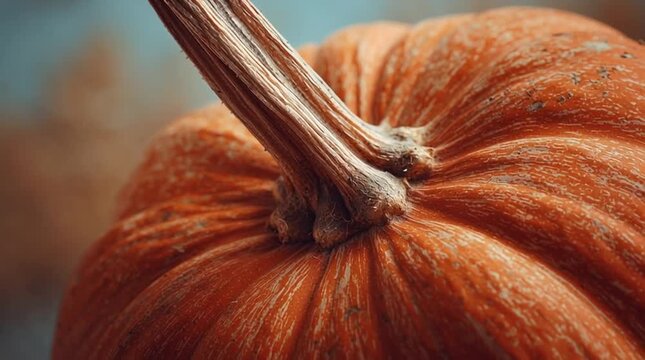 Close up of a large orange pumpkin with a thick brown stem against a blurred background seen from above