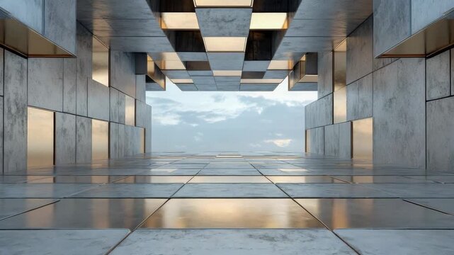 Modern architectural design showcases metallic surfaces with reflective tiles and geometric patterns