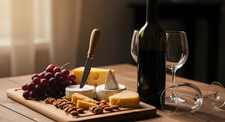 Rustic tabletop: wooden cutting board with cheese, grapes, nuts,ambient light.