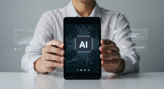  AI agent analyzing data and generating reports. Artificial intelligence and intelligent automation IA technology,  Man holding tablet displaying AI technology graphics on screen  