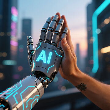 A robot's hand with the word AI written on it and a human giving a high five. Human hand reaching out to robotic hand in futuristic cityscape  