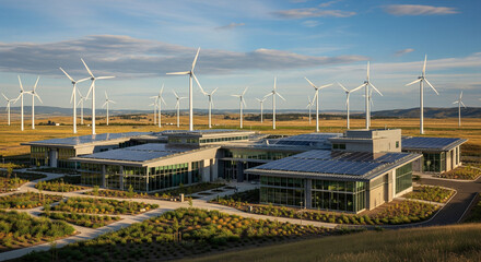 Obraz premium Corporate headquarters building powered by a massive surrounding wind energy farm A sweeping, elevated view of a modern corporate campus nestled within a vast wind energy farm