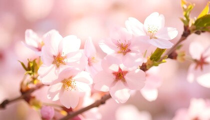 Close-up of delicate pink blossoms on a tree branch, soft, blurred background