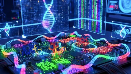 Futuristic laboratory scene showcasing a vibrant DNA analysis on a circuit board with digital displays - Powered by Adobe