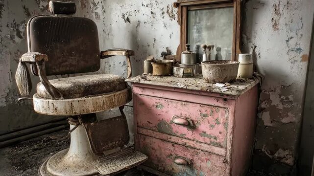 Generative AI. Vintage barber chair with peeling paint sits beside a weathered pink cabinet, adorned with old tools and containers, capturing the essence of a forgotten grooming space