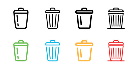 Illustration of trash bin icon set in various styles and colors on white background
