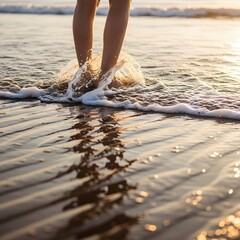 Close-up of feet walking through shallow water on a beach, foam and reflections, golden hour.
