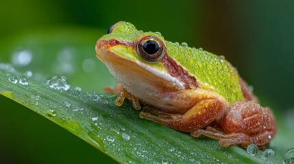 Obraz premium Close-up of Colorful Green Frog on Leaf with Dewdrops in Natural Habitat