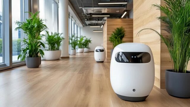 Modern Robot Technology for Office Automation with Sleek Design and Indoor Greenery