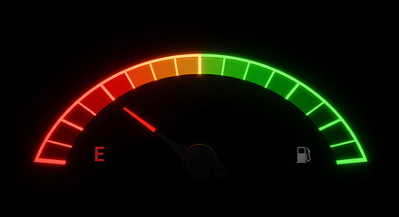 Digital fuel gauge showing empty tank with glowing red indicator. Critical low fuel level warning on black background.