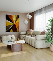 Large luxury modern bright interiors Living room mockup illustration 3D rendering image