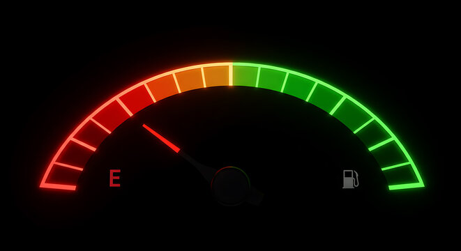 Digital fuel gauge showing empty tank with glowing red indicator. Critical low fuel level warning on black background.