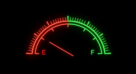 Digital glowing gauge showing low level, red and green zones on black background