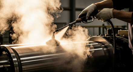 Steam cleaning technician uses high pressure washer to sanitize and clean industrial equipment in factory, focusing on removing dirt and maintaining machinery safety standards