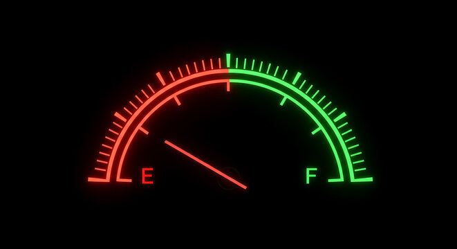 Digital glowing gauge showing low level, red and green zones on black background