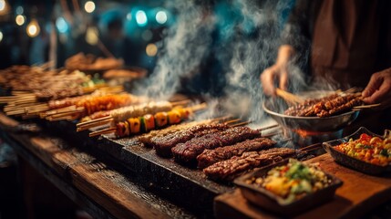 Sizzling Street Food BBQ Skewers with Assorted Meats and Colorful Vegetables