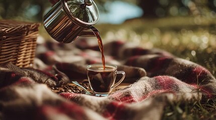 Pouring coffee into a clear glass cup on a blanket next to a picnic basket outdoors in a grassy area - Powered by Adobe