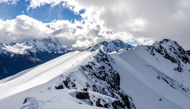 Snow-capped mountain peaks under a partly cloudy sky - Powered by Adobe