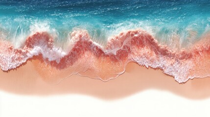 Serene Pink Sand Beach with Blue Turquoise Waves and White Foam