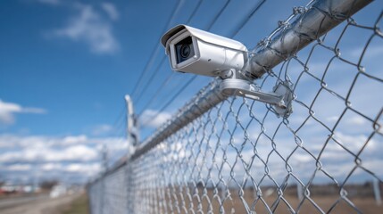Surveillance Camera Mounted on Chain-Link Fence Under Blue Sky
