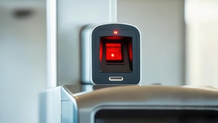 Close up of a modern biometric scanner with a red light emitting from its sensor.