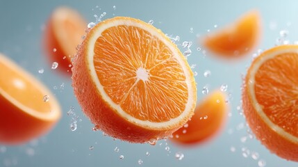 Macro Shot of Juicy Orange Slices Backlit Glowing Vibrant Texture and Water Droplets Against a Soft Blue Gradient Background