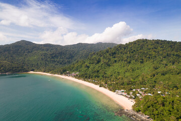 Aerial view of beautiful beach in Tioman. Juara Beach is nestled within a secluded bay along the east coast of Pulau Tioman