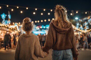 Evening Stroll at Festive Market with Mother and Daughter Under String Lights