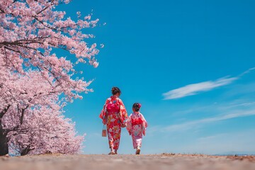 A Mother and Daughter Strolling Under Cherry Blossom Trees in Traditional Kimono Attire