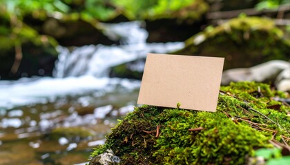 Blank Card on Mossy Rock by Waterfall in Nature.
