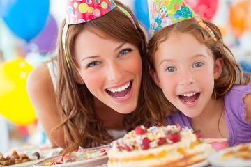 Joyful Moment Between Mother and Daughter at Colorful Birthday Celebration Party