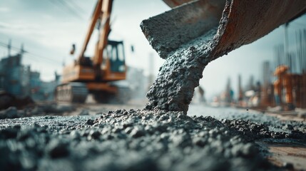 Construction Site Pouring Concrete in Urban Environment with Heavy Machinery