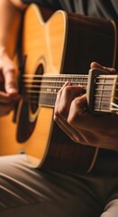 Hands strumming acoustic guitar on lap, wood grain visible, soft side lighting.