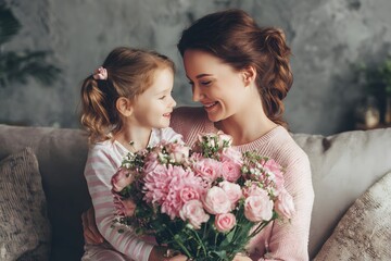 Mother and daughter share joyful moment with beautiful bouquet of pink flowers