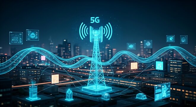 5G network and IoT concept. A holographic 5G tower emits connection waves to multiple IoT devices (cars, homes, sensors) in a smart city. - Powered by Adobe
