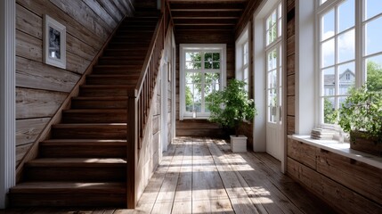 Rustic Wooden Stairway Ascending in Sunlit Hallway with Potted Plants Cinematic Architecture and Natural Light