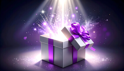 Purple present box glowing with sparkling energy, magical mystery and festive atmosphere.