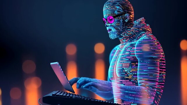 Generative AI. Digital artist with glowing body patterns, engaged in creative coding on a laptop, surrounded by vibrant abstract lights, showcasing the fusion of technology and art