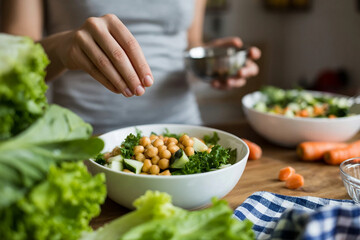 Female hand pours green onions in a bowl with green peas, cucumbers, carrots, lettuce and dill standing on a table