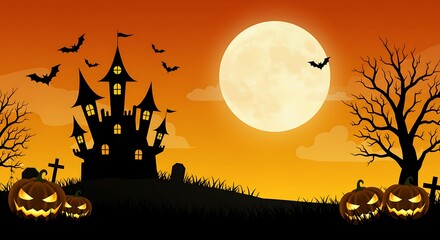 Halloween scene with haunted castle, full moon, jack-o'-lanterns, and bats