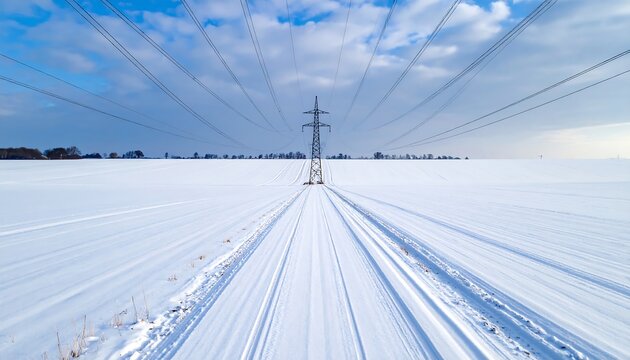 Snow-covered field with power lines converging on a central pylon