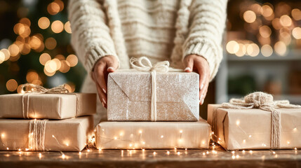 A person is holding a gift box on top of a stack of other gift boxes. The scene is set in a room with Christmas lights and a Christmas tree. Scene is festive and joyful