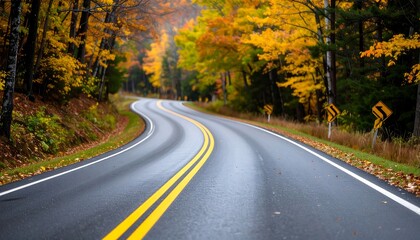 Winding road curves through a forest bursting with vibrant autumn colors on a fall day
