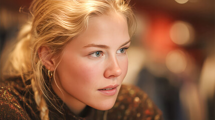 A blonde woman with blue eyes is looking at the camera. She is wearing earrings and a necklace
