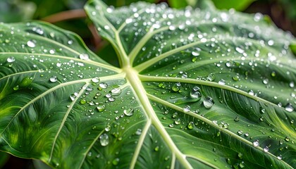 Close-up of a large, green leaf covered in water droplets