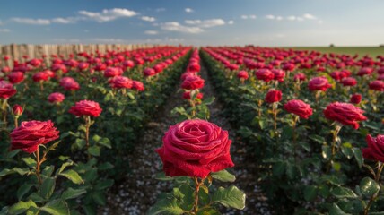 Vast field of blooming red roses stretching into the distance under a blue sky