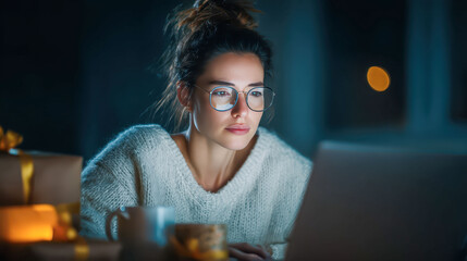 A woman wearing glasses is sitting at a table with a laptop and a cup of coffee. She is focused on her work, possibly typing or browsing the internet. Concept of productivity and concentration