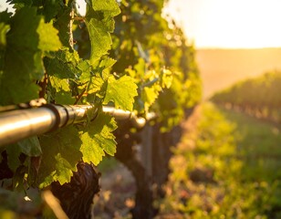 Sunlit vineyard rows at sunset, lush green leaves