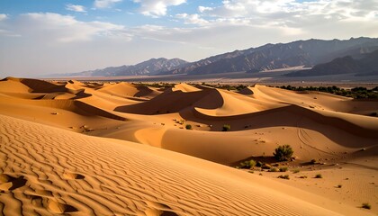 Desert landscape with dunes and mountains
