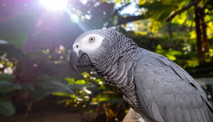 Fototapeta premium Grey parrot with yellow eyes perched in a sunny, leafy outdoor setting